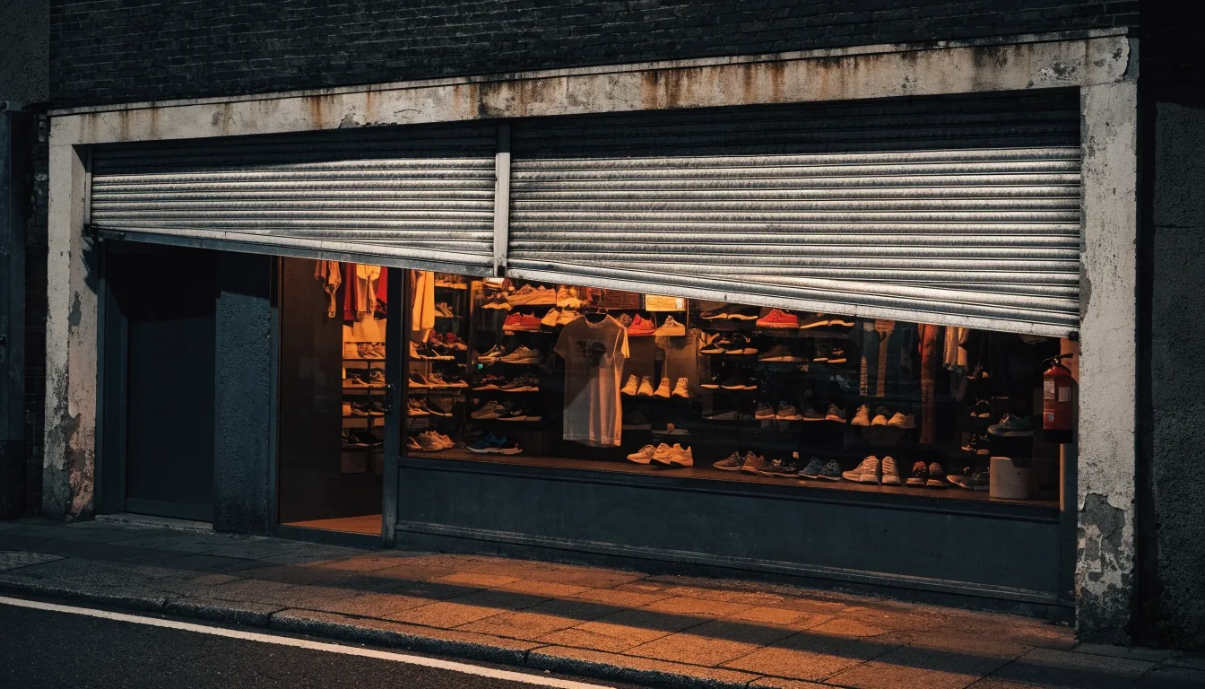 Devanture éclairée d'une boutique de sport vue de la rue, la nuit