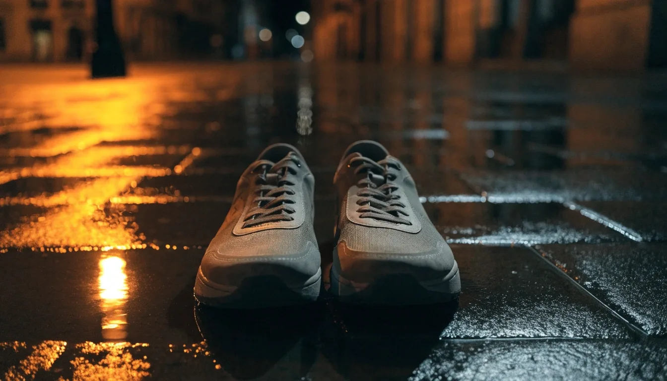 Pieds nus posés à côté d'une paire de sneakers sur un sol sombre mouillé