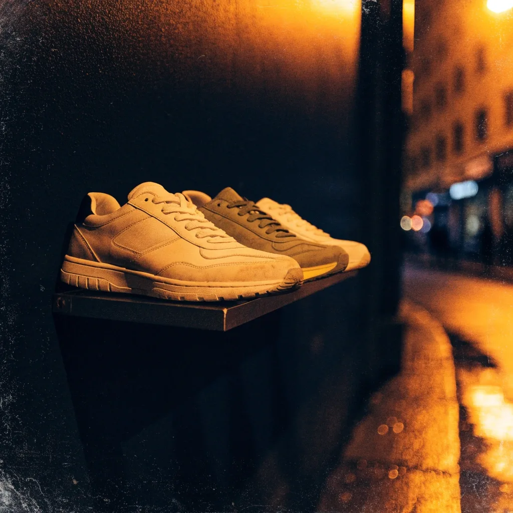 Trois paires de sneakers génériques alignées sur une étagère murale