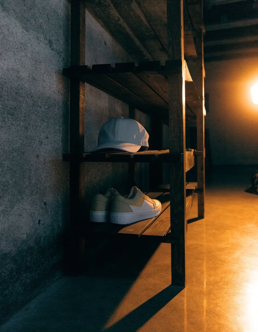 Casquette de running légère sans marque posée sur une étagère sombre