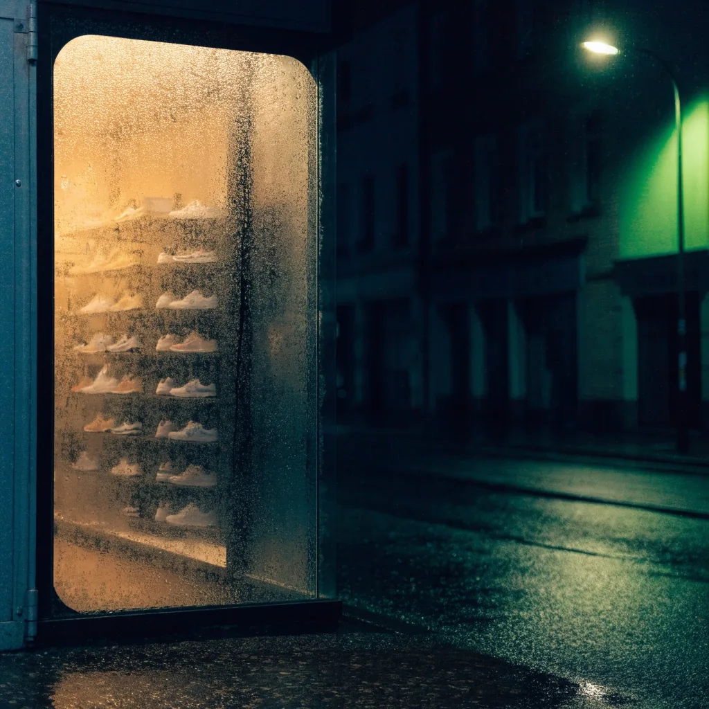 Devanture de boutique fermée la nuit, intérieur éclairé visible à travers la vitre