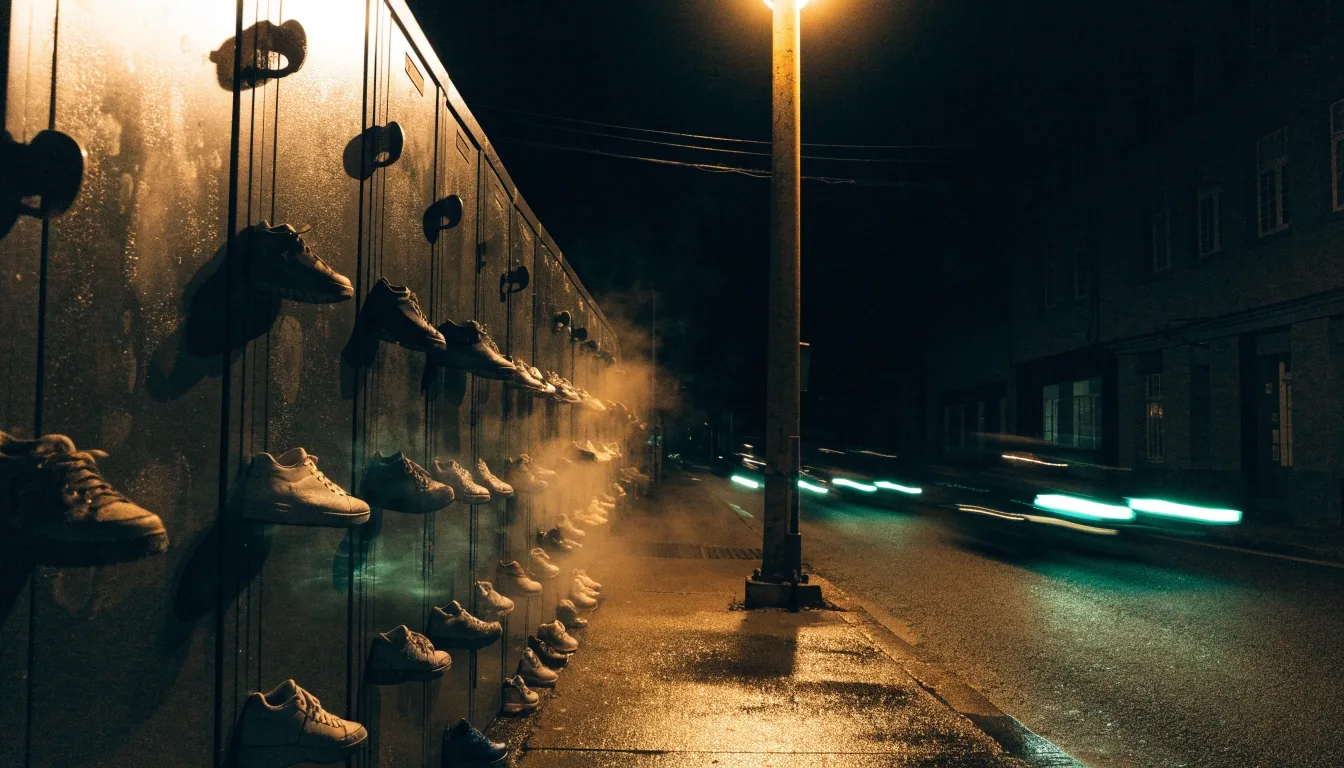 Devanture de nuit rue mouillée avec présentoir mural de sneakers sous un lampadaire orangé