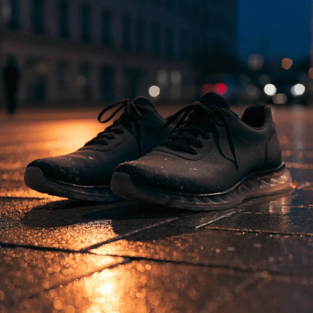 Pieds nus sur un sol sombre humide à côté d'une paire de sneakers sans marque
