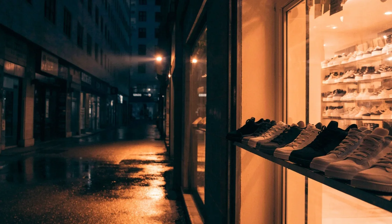 Rangée de paires de sneakers sans marque alignées sur des étagères murales éclairées par une lumière orangée