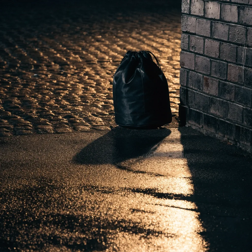 Sac de sport compact sans marque posé au sol contre un mur de briques humide