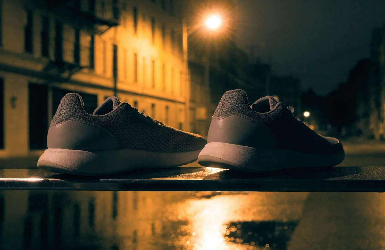 Sneakers urbaines basses sans marque posées de profil sur une étagère