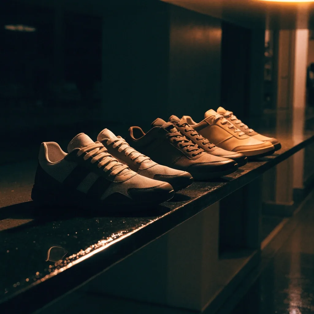 Trois paires de sneakers sans marque posées côte à côte sur une étagère murale