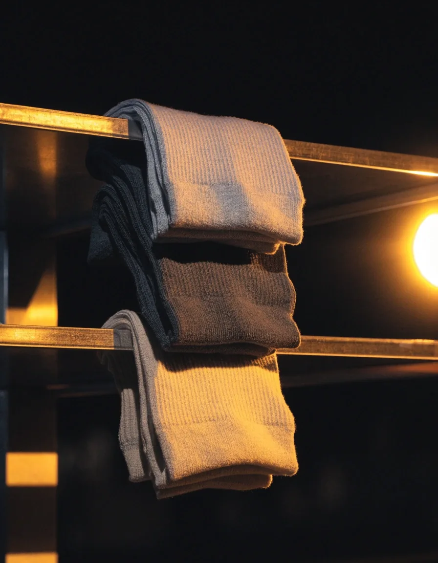 Trois paires de chaussettes techniques sans marque empilées sur une étagère