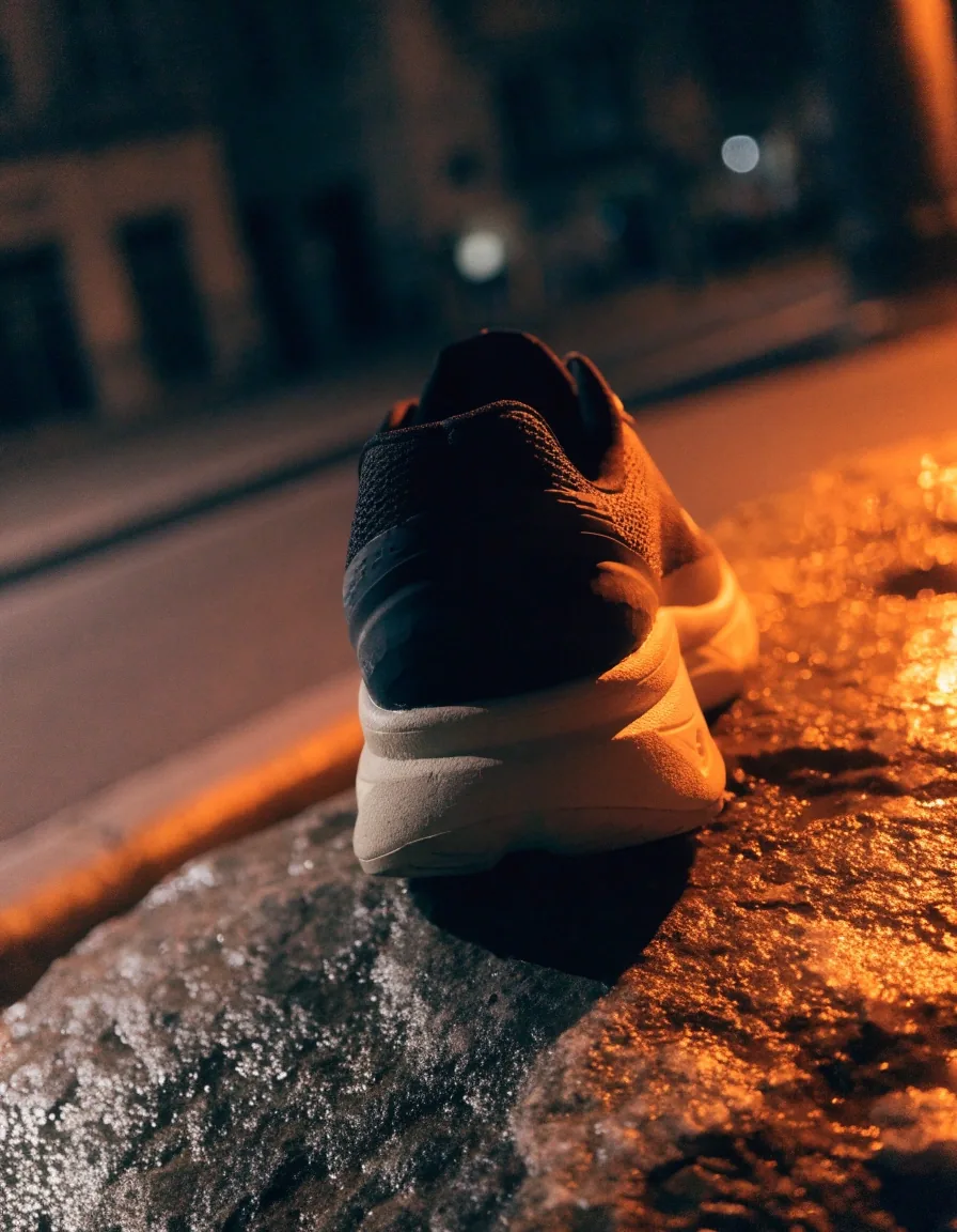 Chaussure de running amortissante sans marque sur une pierre mouillée