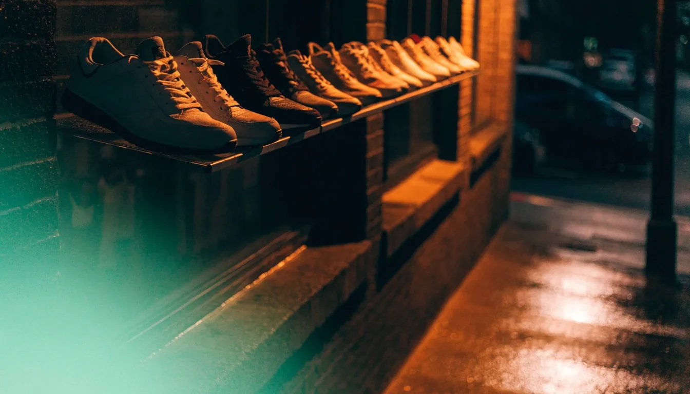 Sneaker sans marque tenue à la main dans une rue mouillée, éclairée par un lampadaire orange