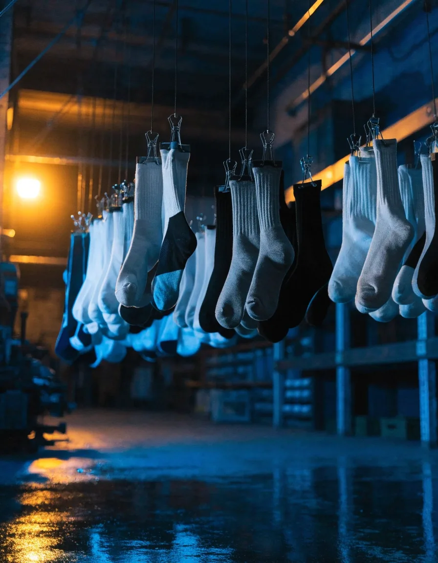 Trois paires de chaussettes techniques sans marque empilées sur une étagère