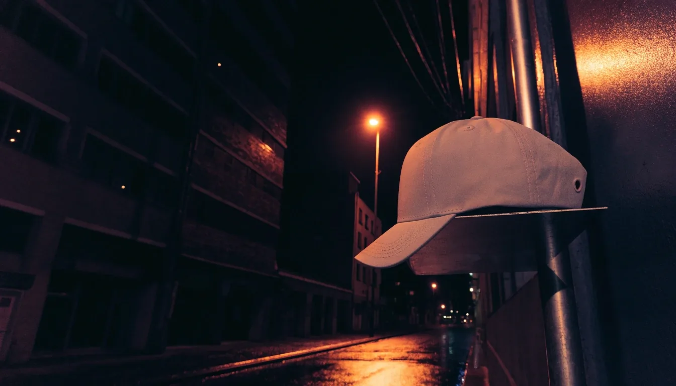 Casquette de running légère posée sur une étagère murale dans une rue mouillée la nuit