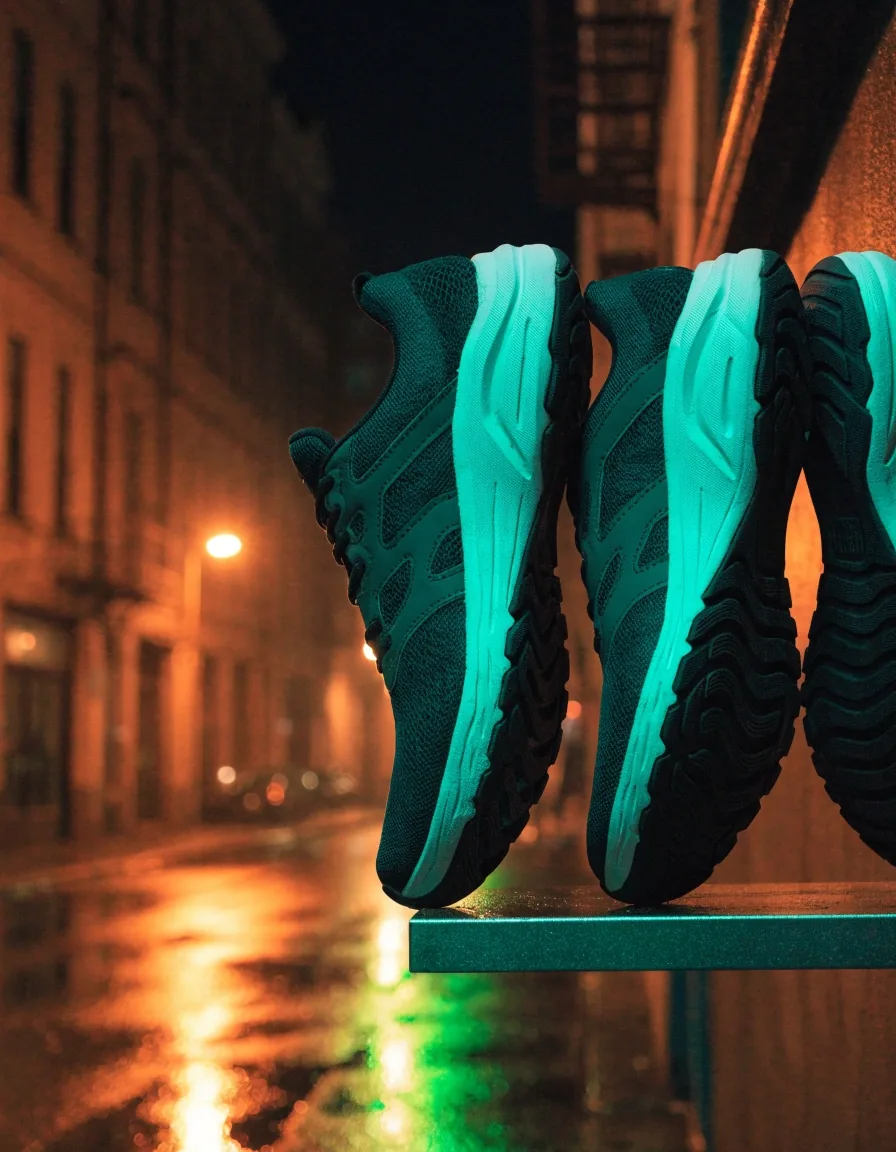 Chaussures de running amortissantes posées sur une étagère murale