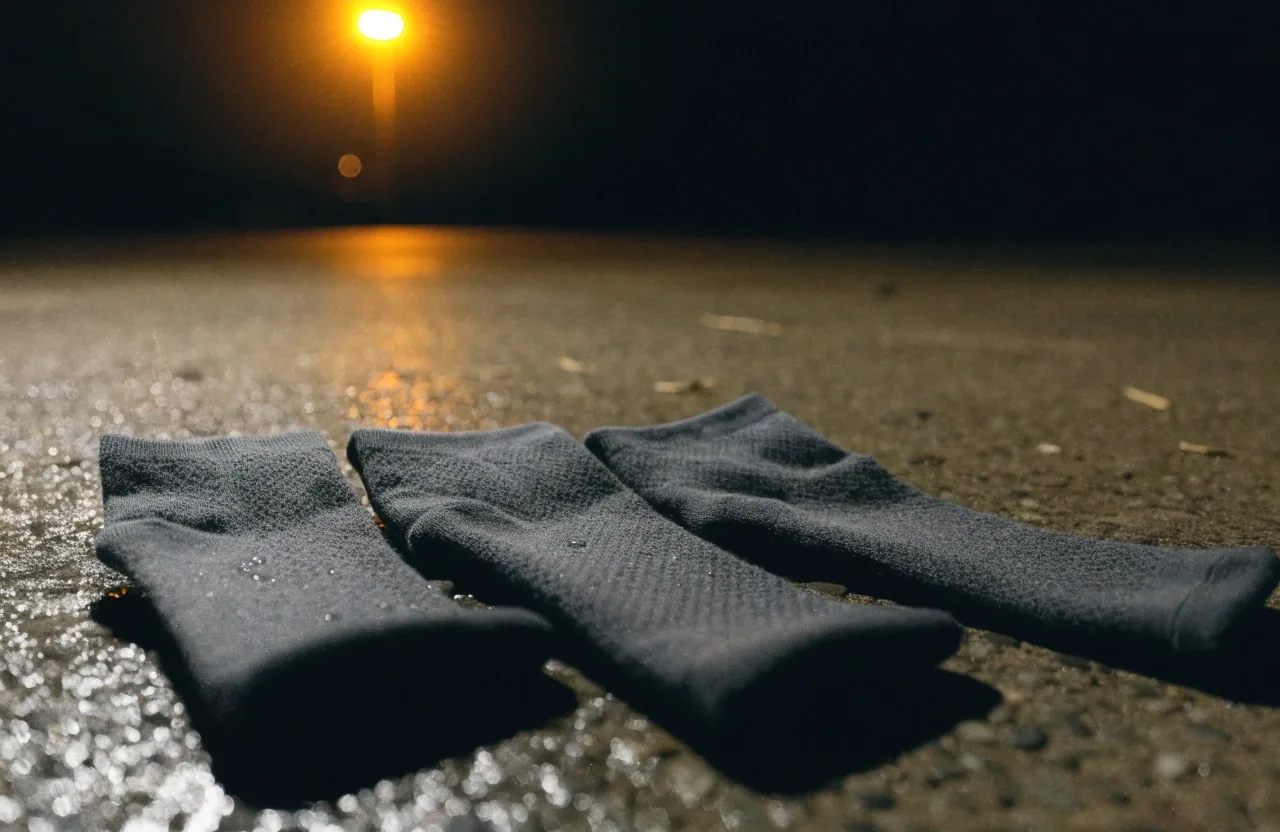 Chaussettes techniques posées à plat sur un sol mouillé la nuit, à côté d'une paire de chaussures
