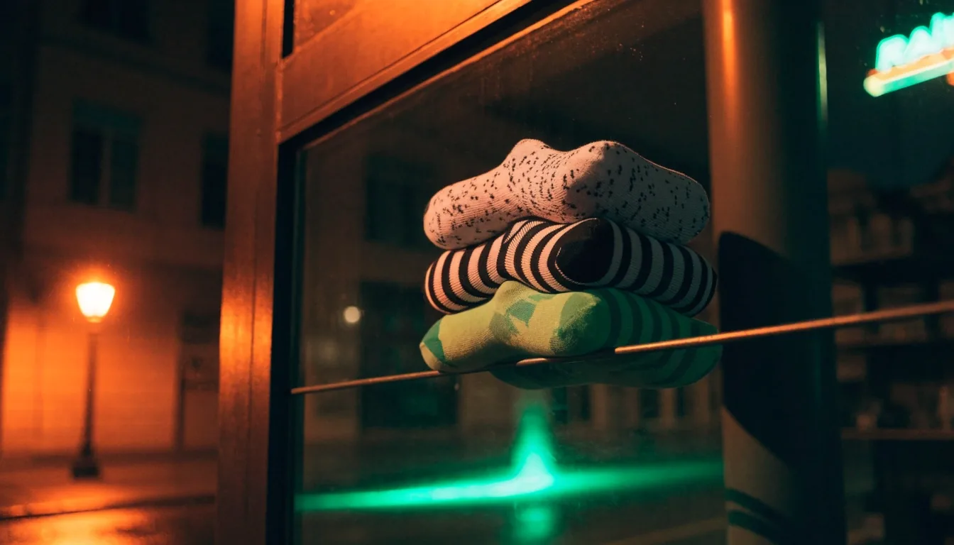 Trois paires de chaussettes techniques empilées sur une étagère murale, éclairées par un lampadaire orange la nuit
