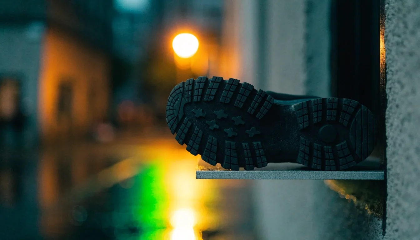 Chaussure de running amortissante posée sur une étagère murale dans une rue mouillée la nuit