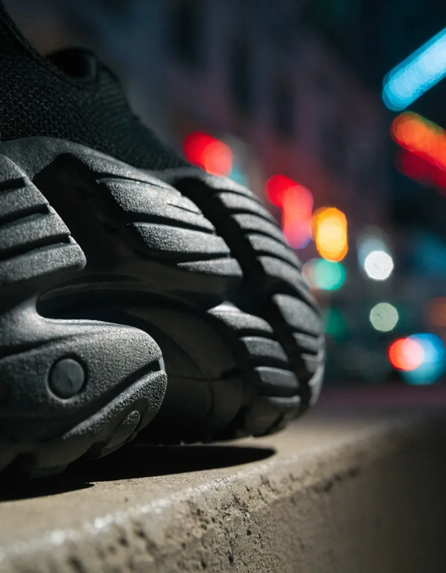 Profil d'une chaussure de running amortissante sur une étagère murale sous un éclairage rasant