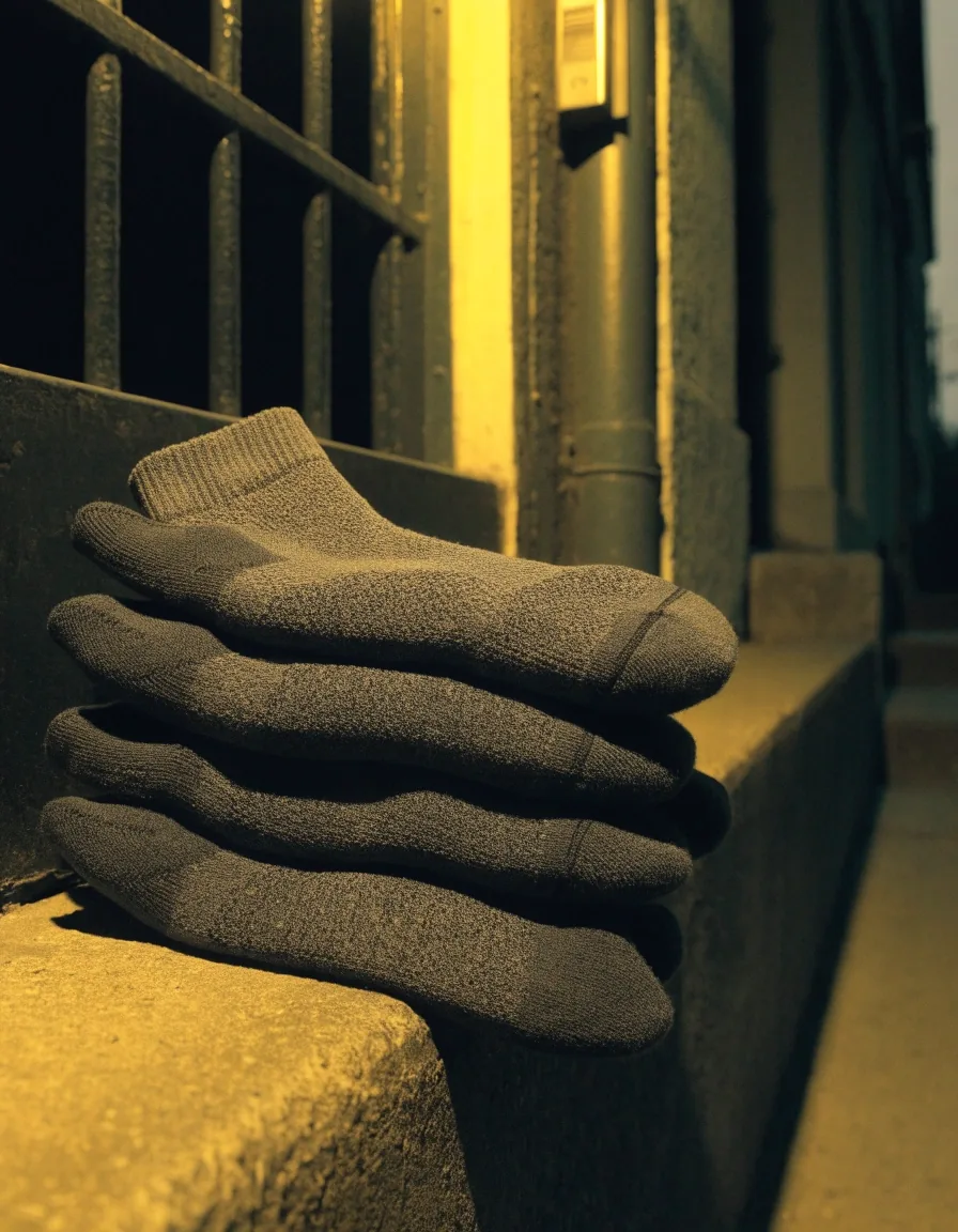 Trois paires de chaussettes techniques empilées sur une étagère
