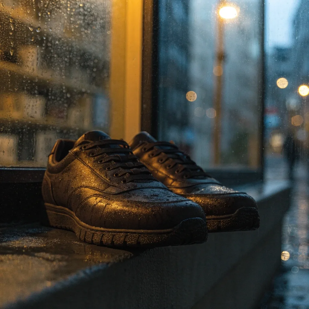 Rue mouillée la nuit devant la vitrine d'un magasin de sport, sneakers alignées derrière la vitre