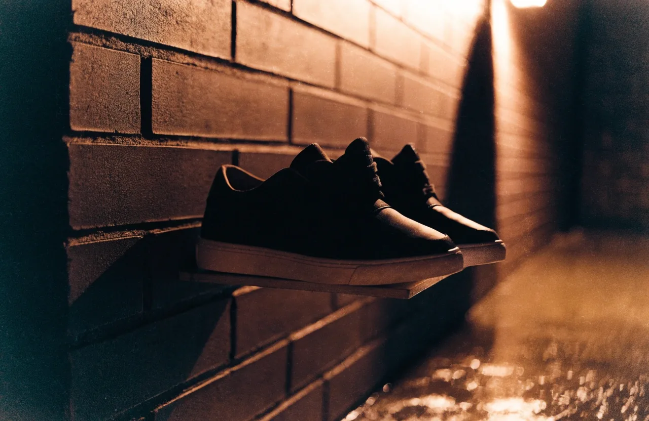Sneakers sans marque alignées de profil sur une étagère murale sous un éclairage orangé