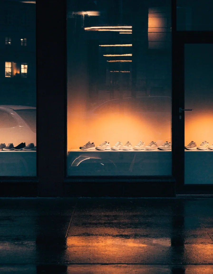 Devanture de magasin fermée la nuit, lumière intérieure visible depuis la rue mouillée