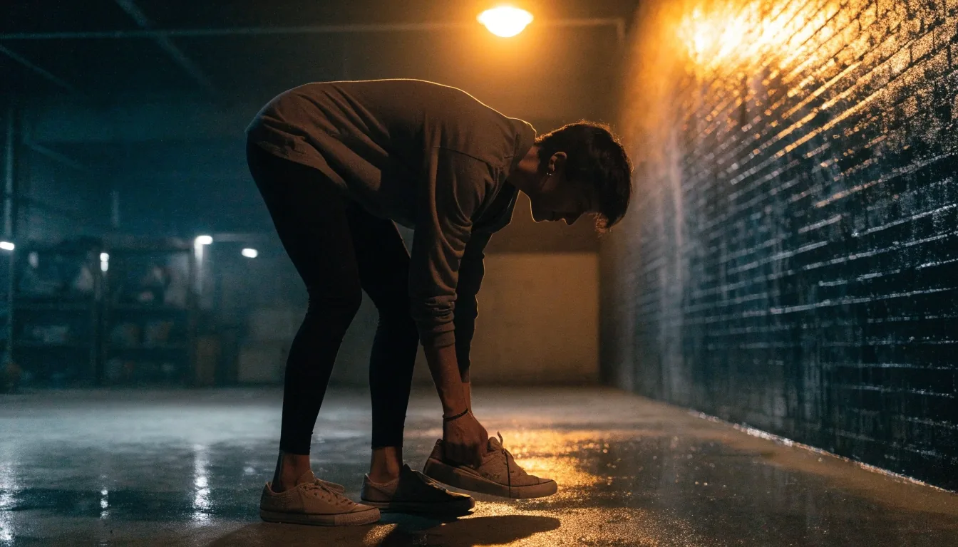 Présentoir mural de sneakers sans marque dans une rue mouillée la nuit, éclairage sodium