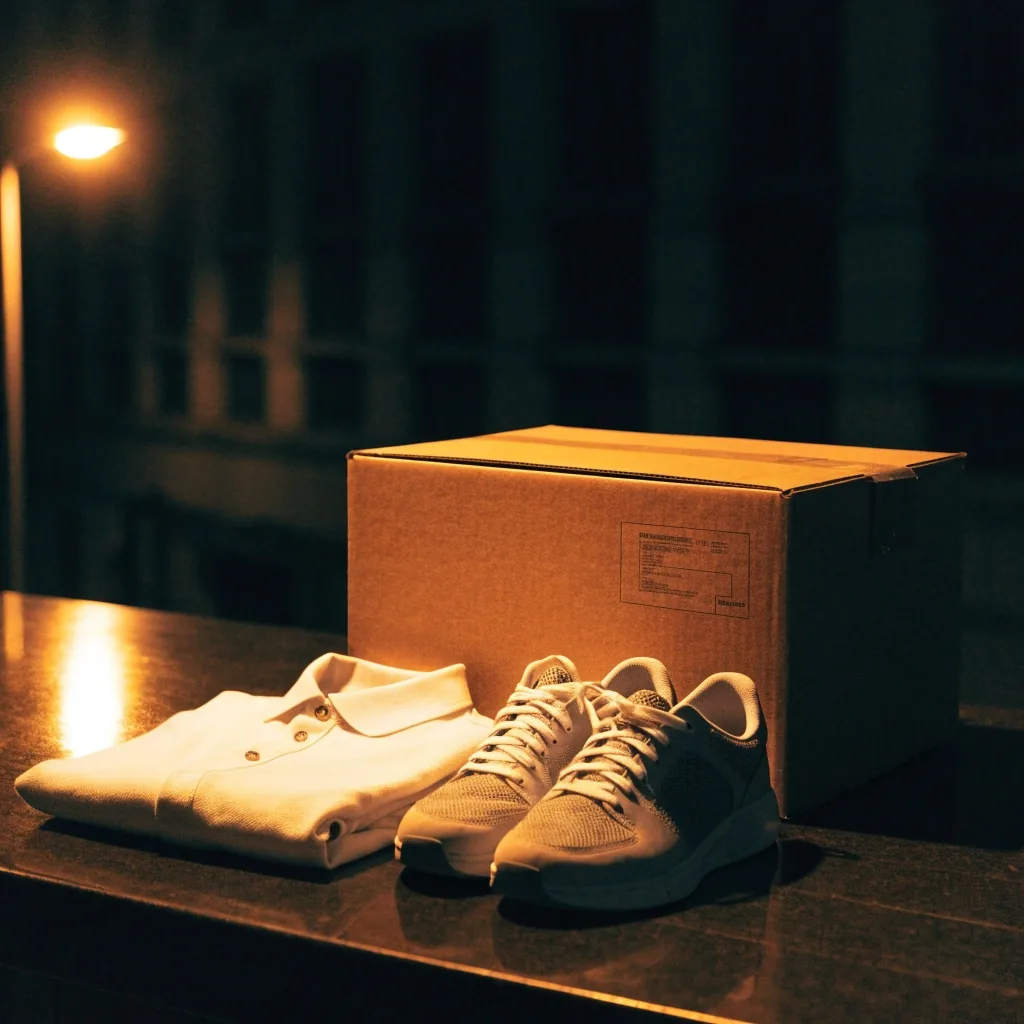 Colis de vêtements techniques et de sneakers sans marque posé sur un comptoir, éclairé par un lampadaire