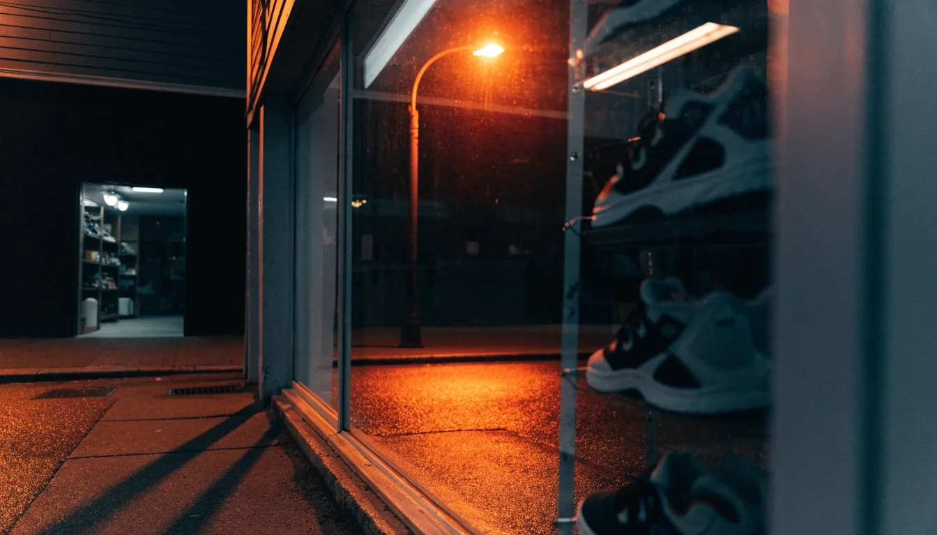 Étagère murale de sneakers sans marque dans la vitrine d'une boutique de sport, rue mouillée la nuit