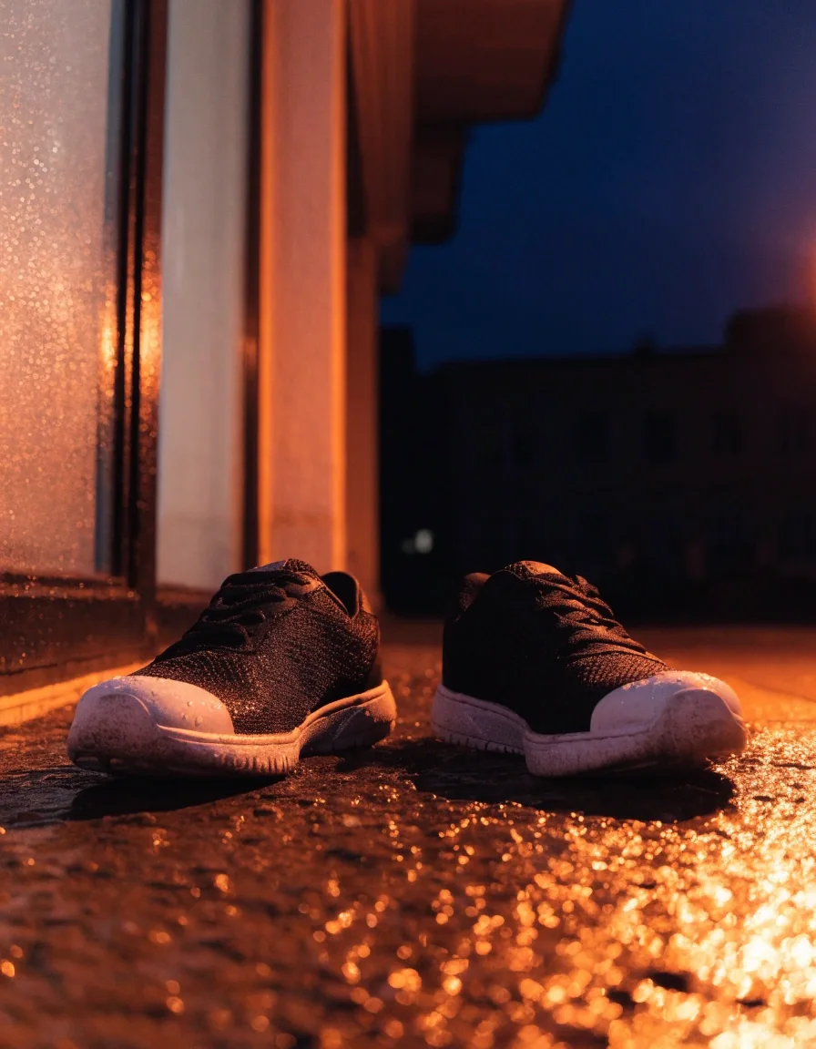 Deux sneakers génériques posées sur un rebord mouillé sous une lumière orange de lampadaire