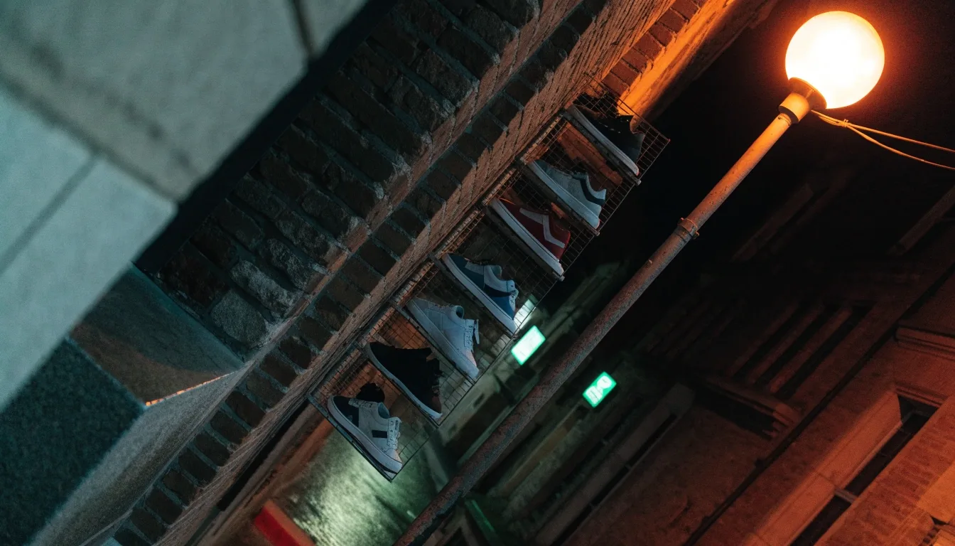 Devanture de nuit d'une rue mouillée avec des sneakers sans marque présentées sur des étagères murales sous un lampadaire orange