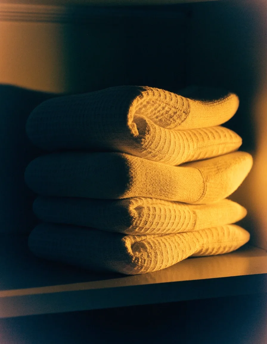 Chaussettes techniques empilées sur une étagère sombre