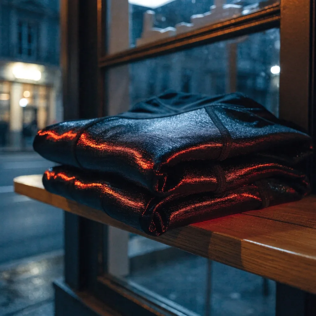 Devanture éclairée d'une boutique de sport de quartier vue depuis la rue mouillée la nuit