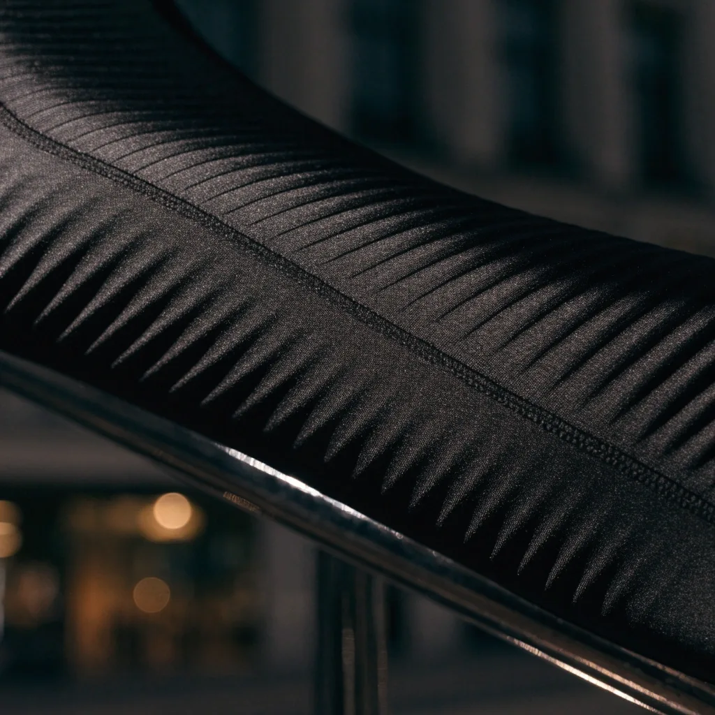 Legging de sport sculptant suspendu sur une étagère murale dans une rue mouillée la nuit