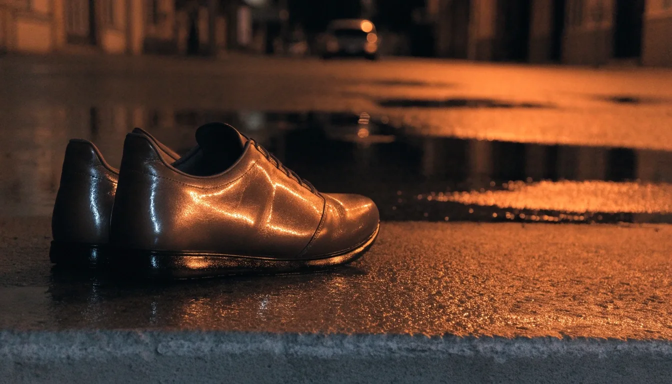 Rangée de sneakers sans marque sur une étagère murale, rue mouillée la nuit sous un lampadaire orange
