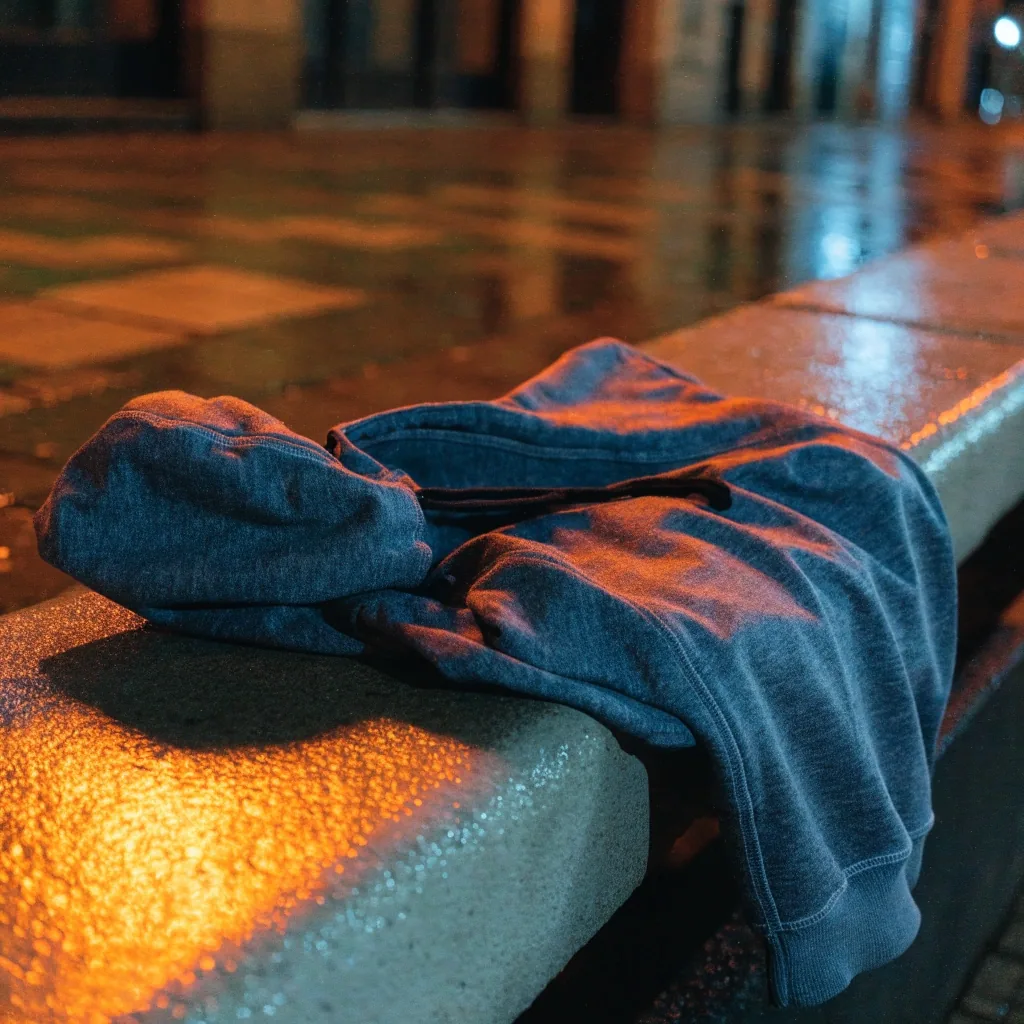 Sweat technique à capuche sans marque suspendu sur un rail mural, éclairage orange de rue