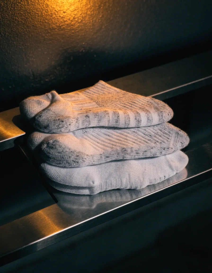 Trois paires de chaussettes techniques sans marque empilées sur une étagère murale