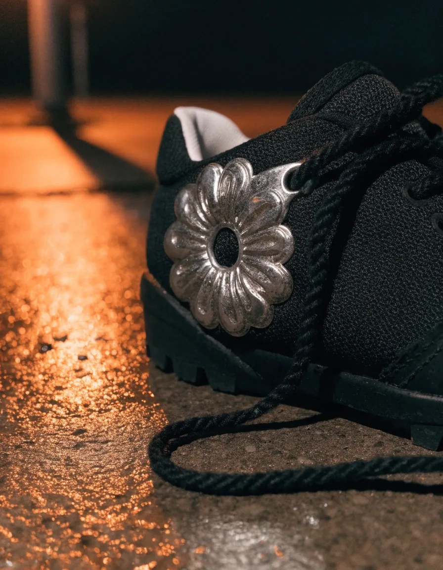Détail de la semelle et de la tige d'une chaussure de sport sous une lumière rasante