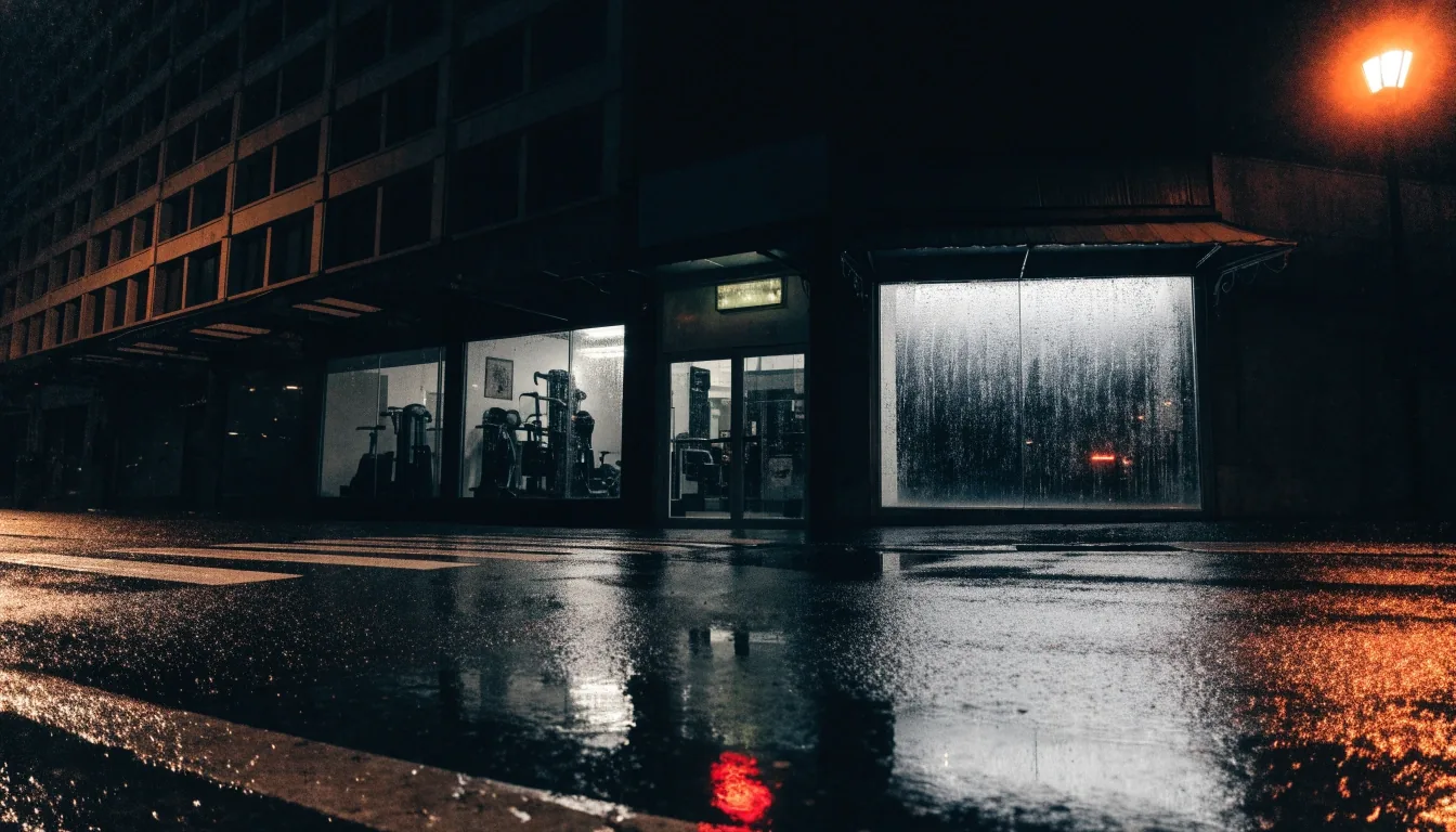 Devanture d'une boutique de sport éclairée la nuit, rue mouillée par la pluie
