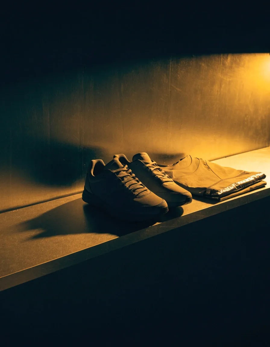 Paire de chaussures de sport et vêtement technique posés sur une étagère murale sombre