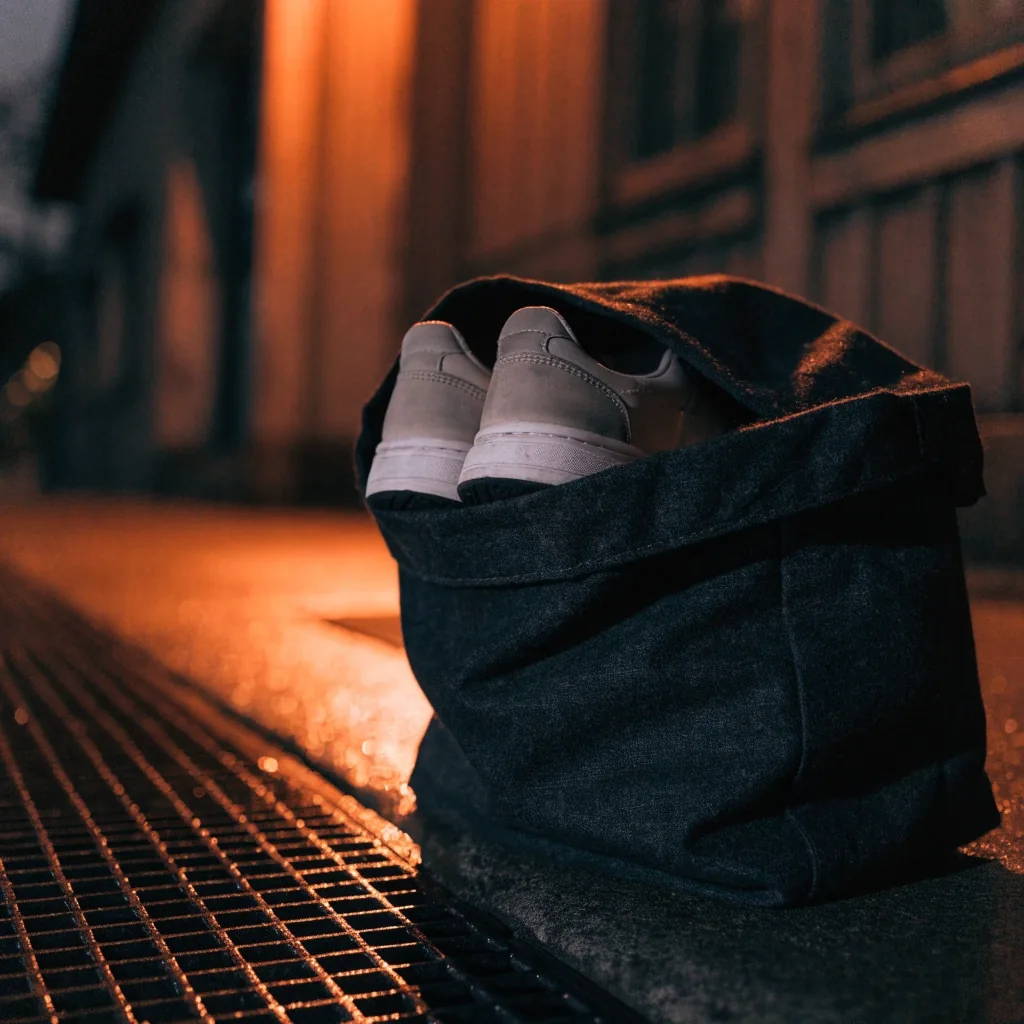 Sac de sport posé contre un mur de briques dans une rue mouillée la nuit