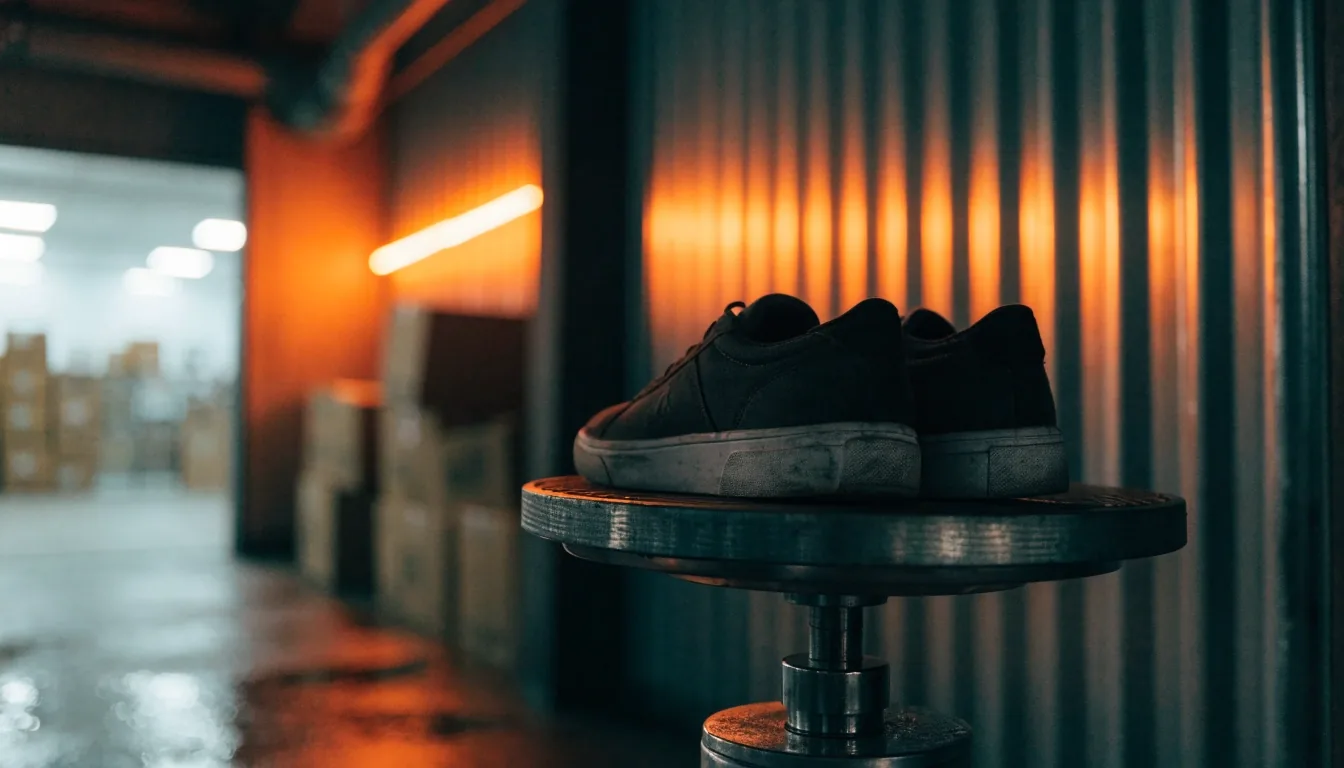 Chaussure sans marque couchée sur une surface mate sombre à côté d'un mètre ruban en tissu, lumière rasante orange