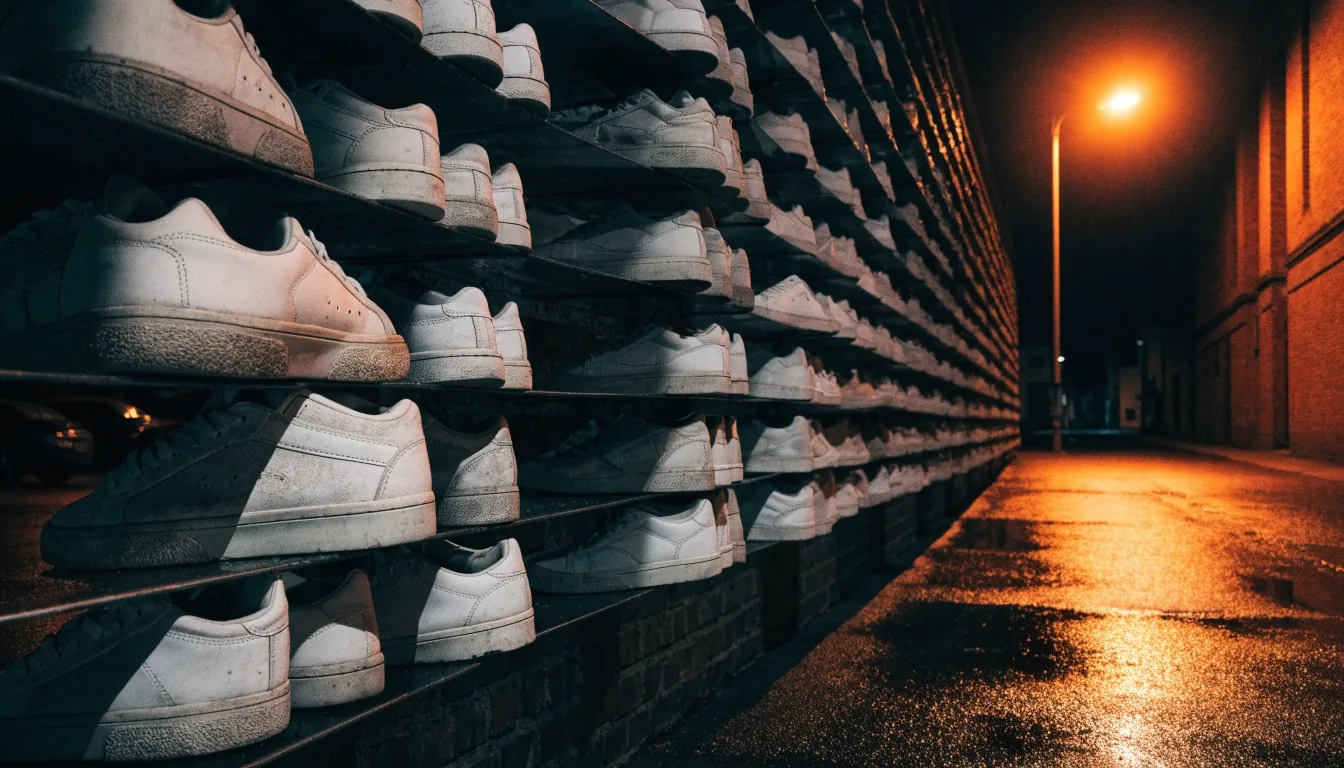 Mur d'étagères fines garni de sneakers sans marque, éclairé par un lampadaire orange dans une rue mouillée la nuit