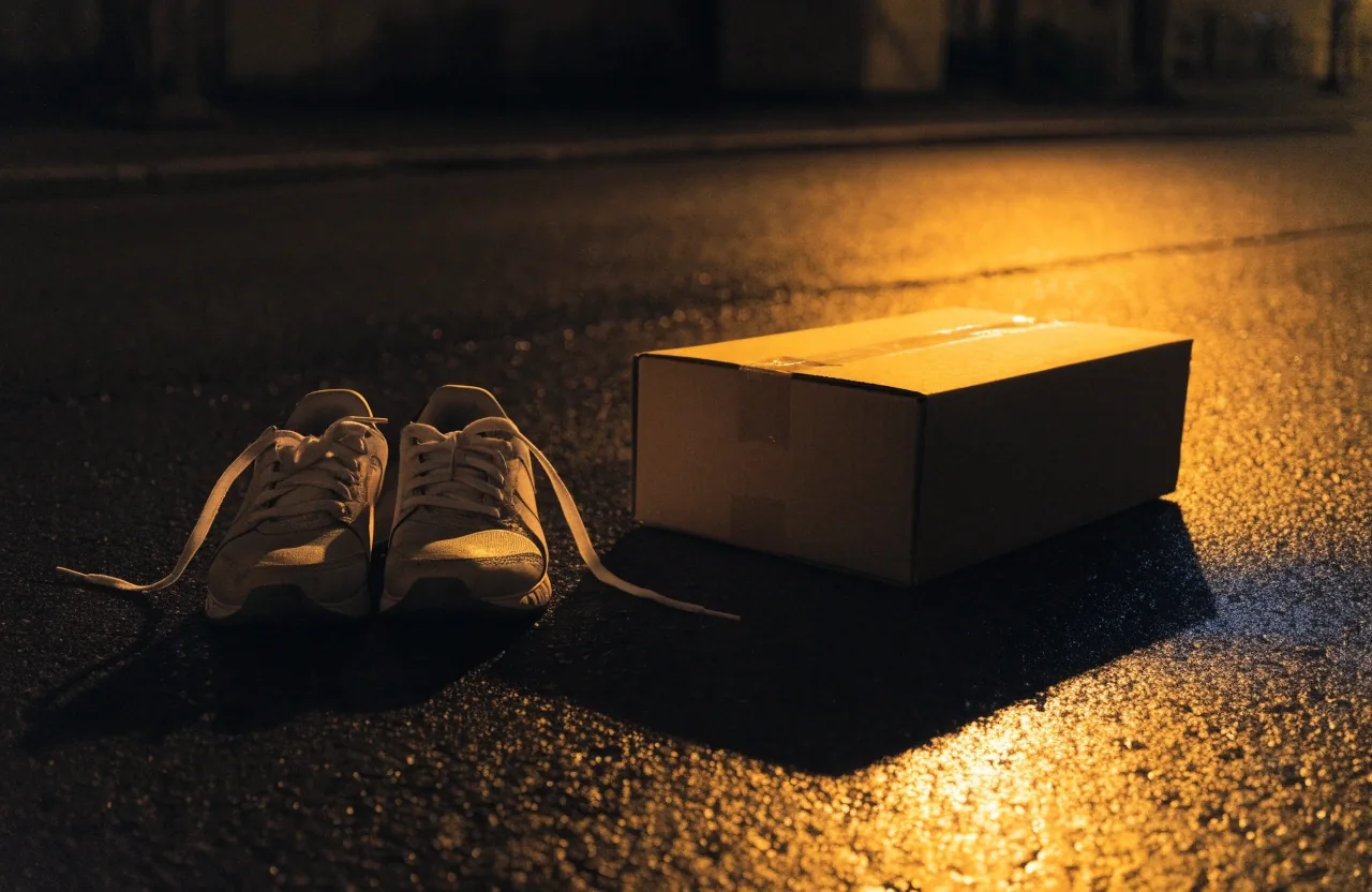 Paire de sneakers sans marque posée près d'un colis fermé sur un sol mouillé la nuit