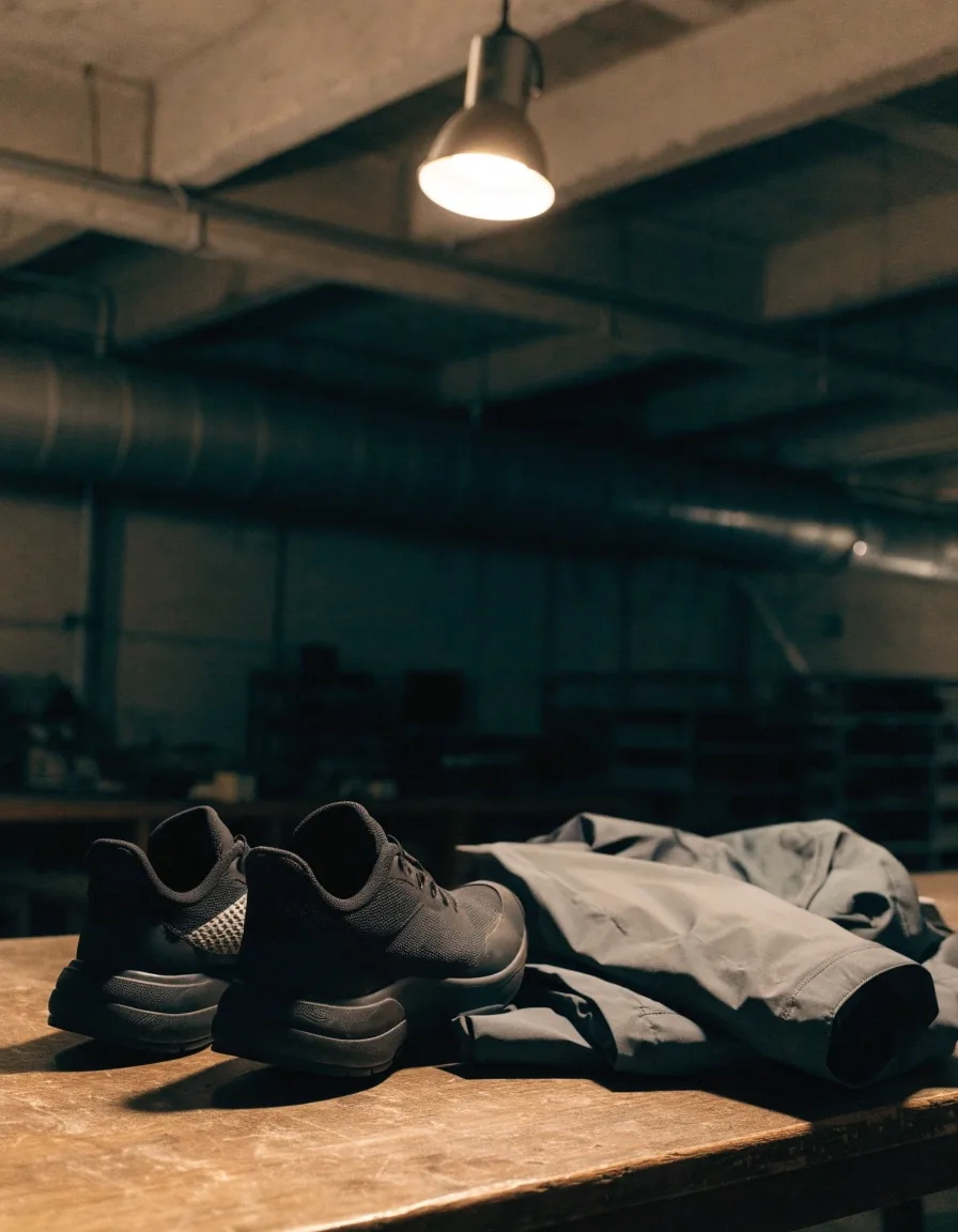 Vêtement technique plié et chaussures sans marque posés sur un rebord de pierre mouillé la nuit