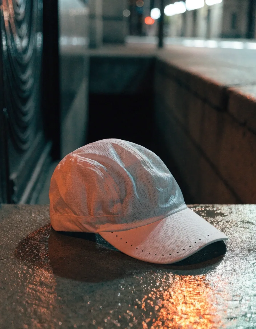 Casquette de running légère posée sur une étagère murale