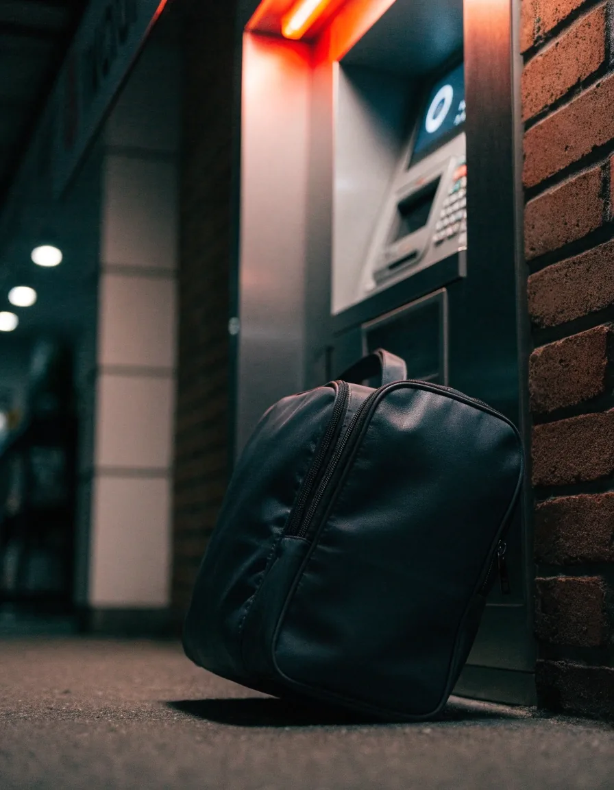 Comptoir de retrait avec un sac de sport compact posé près du terminal de paiement