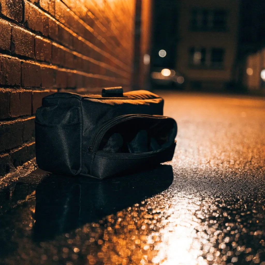 Sac de sport compact noir de profil sur une étagère murale de boutique