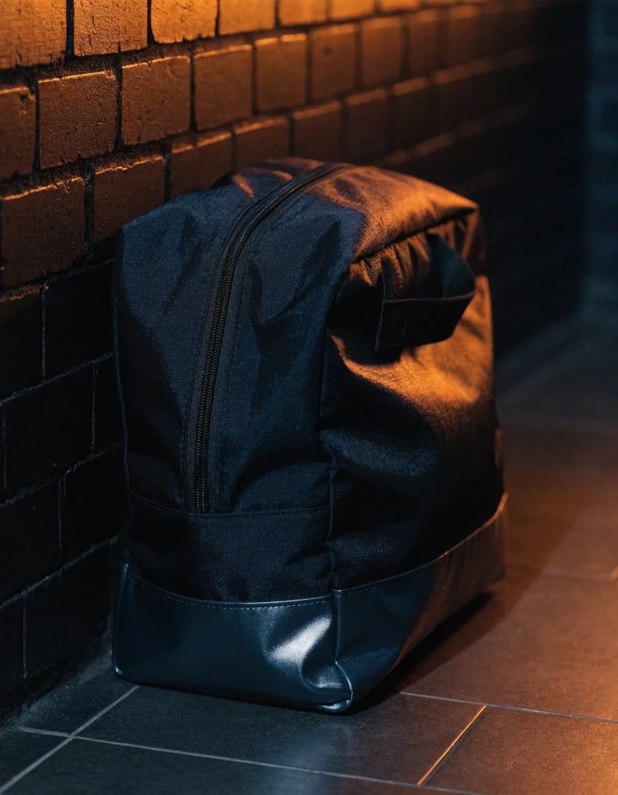 Sac de sport compact ouvert sur un banc de vestiaire avec serviette et gourde à côté