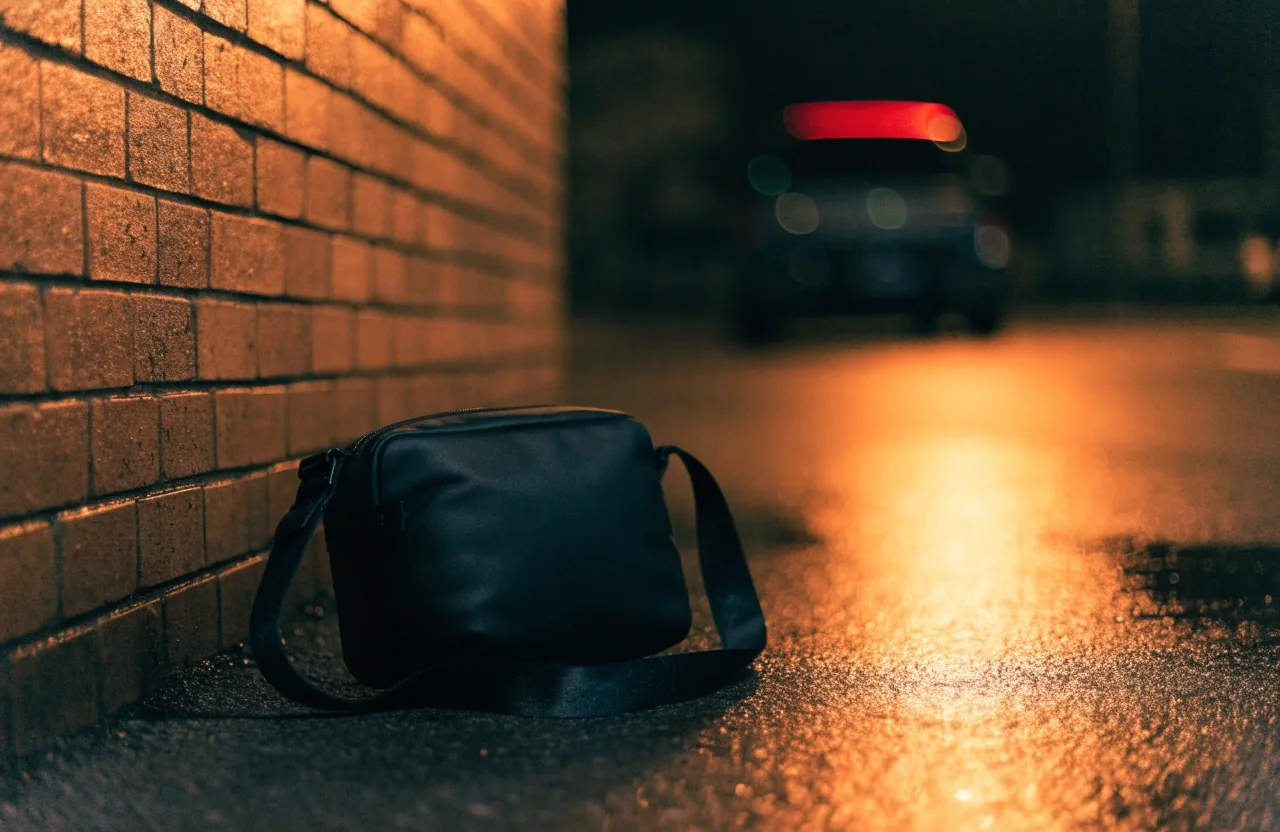 Sac de sport compact noir posé contre un mur de briques dans une rue mouillée la nuit