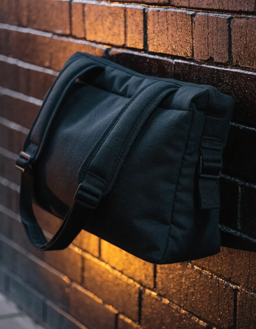 Sac de sport compact porté sur le dos, sangles réglées court, dans une rue la nuit